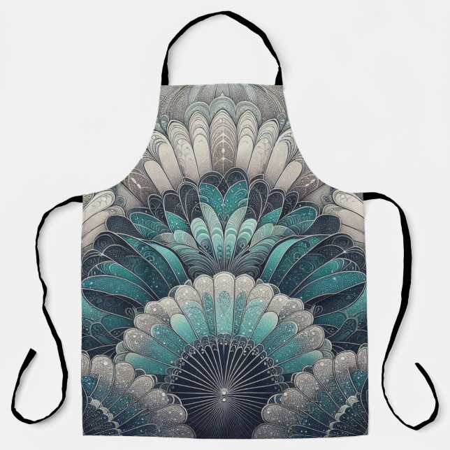 Delantal Fans elegantes de Art Nouveau de Plata Azul (Anverso)
