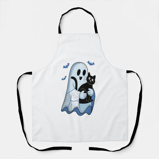 Delantal Fantasma de Denim Azul y Gato de Halloween (Anverso)