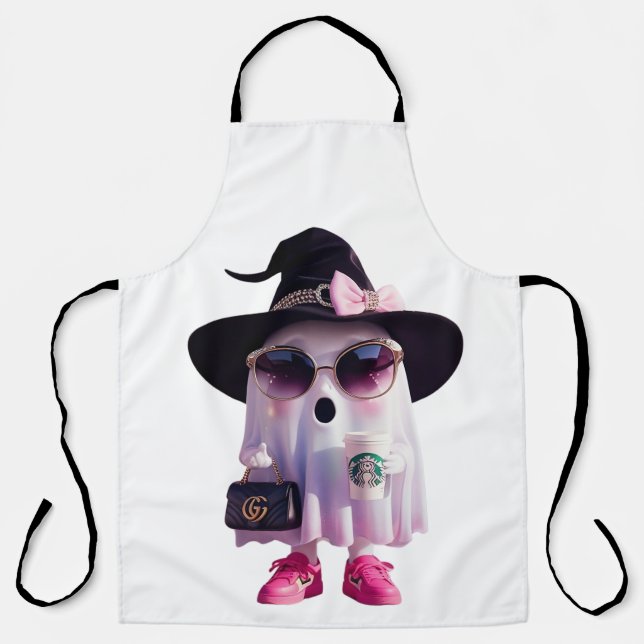 Delantal Fantasma de la pequeña dama de Halloween con café (Anverso)
