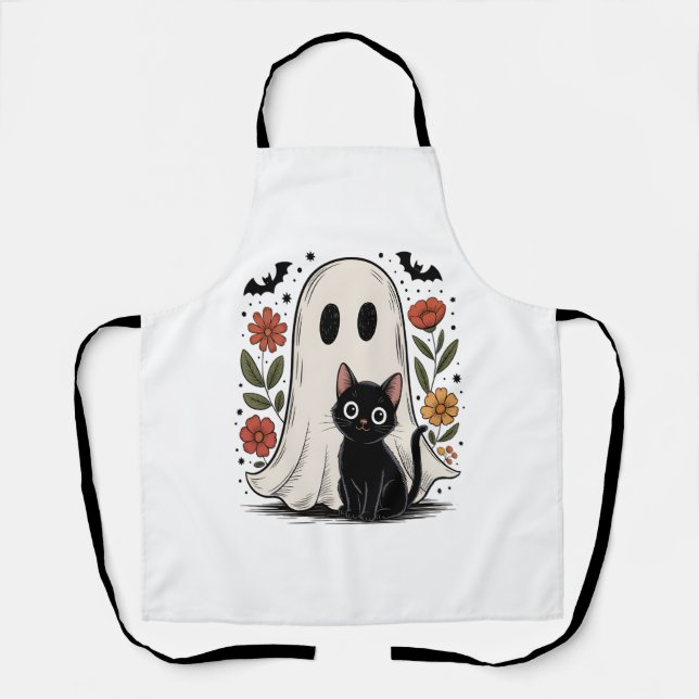Delantal Fantasma y gato de Halloween (Anverso)