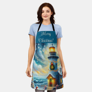 Delantal Faro de árbol de navidad azul costero náutico
