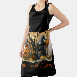 Delantal Felices calabazas de Halloween con gatos negros