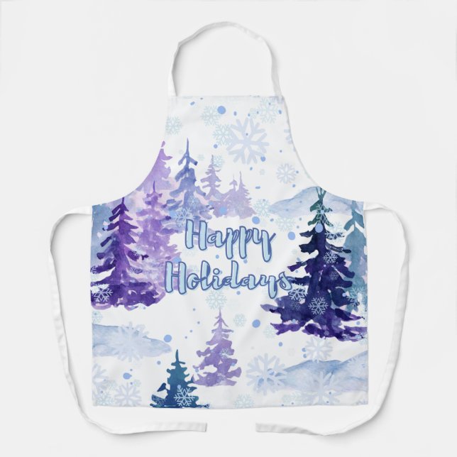 Delantal Felices fiestas Morado Invierno Árboles Nevados (Anverso)