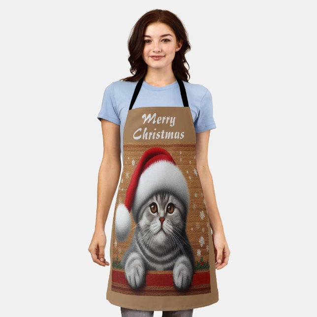 Delantal Felices Navidades Escoceses, felino navideño (Gastado)