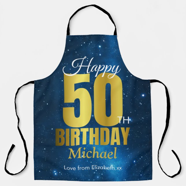 Delantal Feliz 50 aniversario del Apron Blue Gold (Anverso)