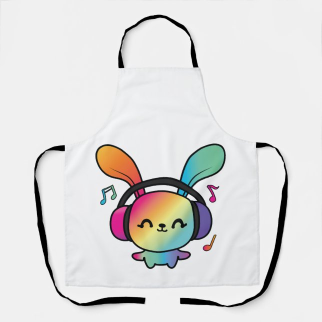Delantal Feliz Conejo con auriculares escuchando música. (Anverso)