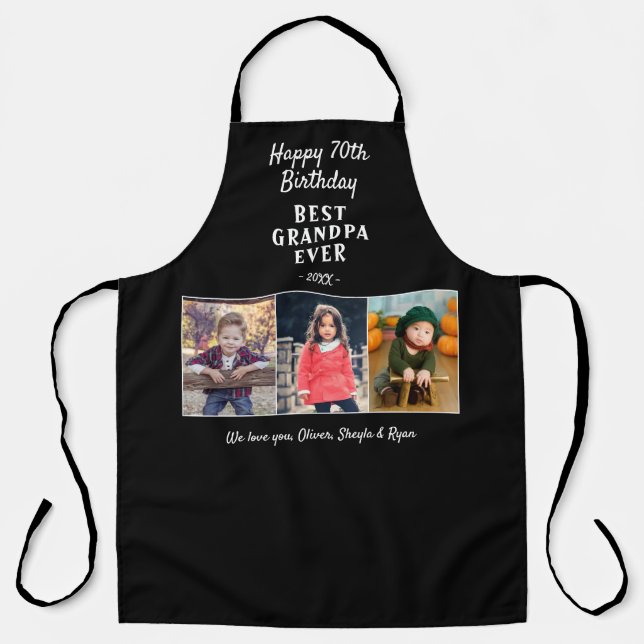 Delantal Feliz cumpleaños abuelo 3 fotos Apron negro (Anverso)