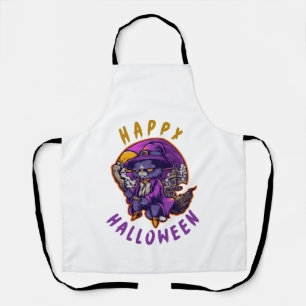 Delantal Feliz Halloween Bruja de Halloween Gato