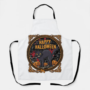 Delantal Feliz Halloween Gatos Negros Calabazas Huesos_1