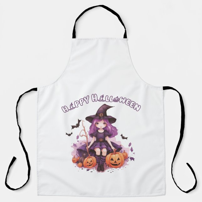 Delantal Feliz Halloween Purple Witch Pumpkins & Bats Apron (Anverso)