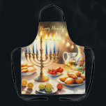 Delantal Feliz Hanukkah<br><div class="desc">Ilustracion acuático Hanukkah. Una mesa muy bien arreglada para una celebración festiva,  con una menorah tradicional con velas encendidas. La luz es suave y cálida,  mientras que la decoración de las vacaciones aporta un toque de alegría. Las luces cálidas crean un ambiente acogedor y acogedor.</div>