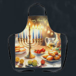 Delantal Feliz Hanukkah<br><div class="desc">Ilustracion acuático Hanukkah. Una mesa muy bien arreglada para una celebración festiva,  con una menorah tradicional con velas encendidas. La luz es suave y cálida,  mientras que la decoración de las vacaciones aporta un toque de alegría. Las luces cálidas crean un ambiente acogedor y acogedor.</div>