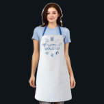 Delantal Feliz Hanukkah azul personalizado blanco lindo<br><div class="desc">¡Feliz Hanukkah,  personalizado lindo Apron Feliz Hanukkah,  Feliz Chanukah,  Hanukkah Sameach!,  Chag Sameach!,  Chag Urim Sameach! Azul y blanco</div>