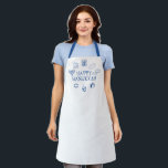 Delantal Feliz Hanukkah azul personalizado blanco lindo<br><div class="desc">¡Feliz Hanukkah,  personalizado lindo Apron Feliz Hanukkah,  Feliz Chanukah,  Hanukkah Sameach!,  Chag Sameach!,  Chag Urim Sameach! Azul y blanco</div>