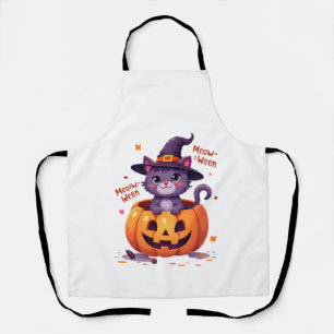 Delantal Feliz Meow-a-ween - Gato Lindo Bruja Calabaza - Ha