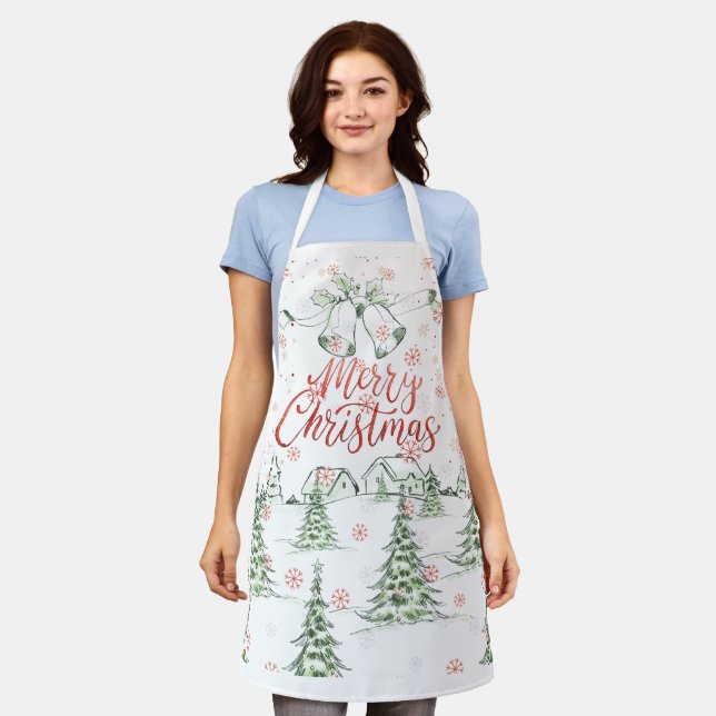 Delantal Feliz Navidad Árboles de nieve rojos y verdes (Gastado)