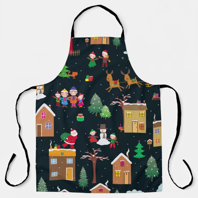 Delantal Feliz Navidad con una familia alegre y nevada (Anverso)