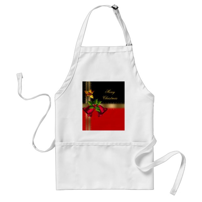 Delantal Feliz Navidad Fiesta Rojo Campanas Negro Oro (Frente)