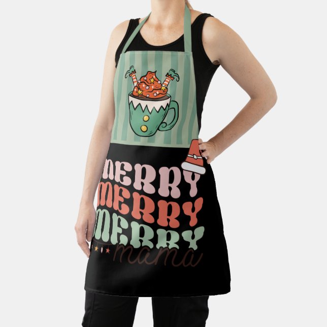 Delantal Feliz Navidad Funny Elf verde y mamá negra (in situ)