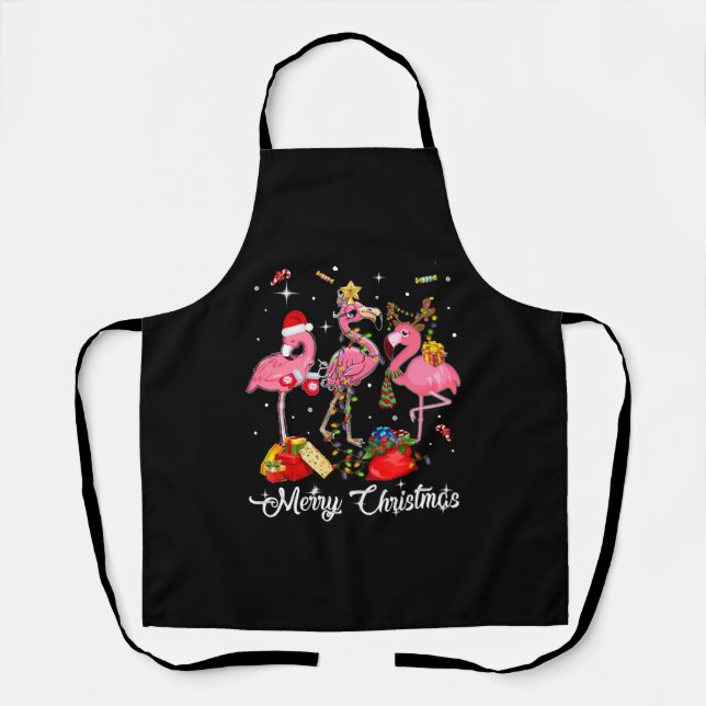 Delantal Feliz Navidad Tres Flamingo Con Santa Hat (Anverso)