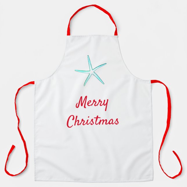 Delantal Feliz Navidad Verde azulado Rojo Azul Starfish Reg (Anverso)