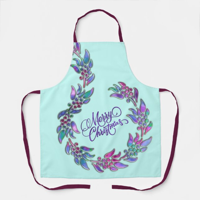 Delantal Feliz Navidad Wreath Jewel Tones Apron (Anverso)