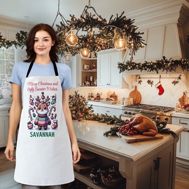 Delantal Feliz Navidad y deliciosos dulces desearían renos (Subido por el creador)