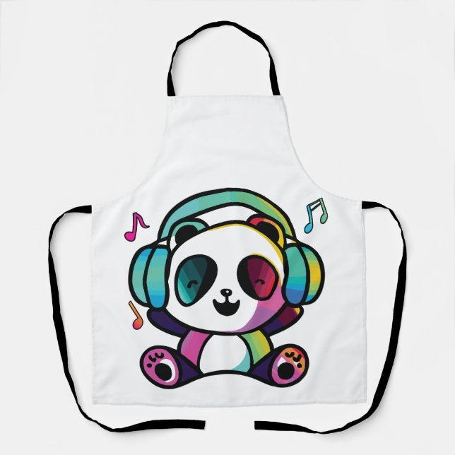 Delantal Feliz Panda con auriculares escuchando música. (Anverso)