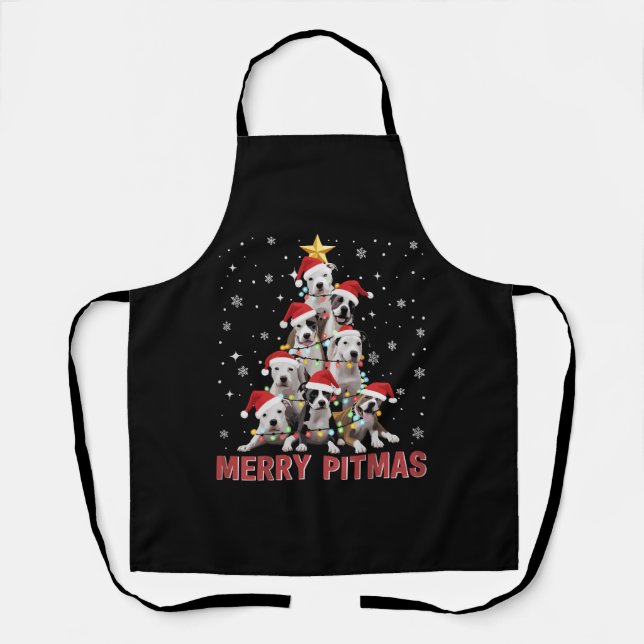 Delantal Feliz Pitmas Pitbull Perro Árbol Navidad Feo (Anverso)
