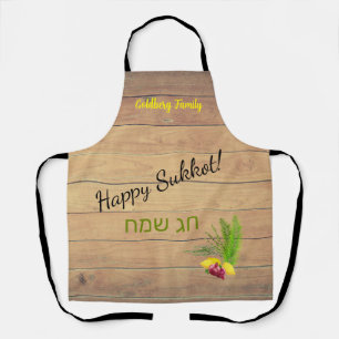 Delantal Feliz Sukkot Etrog Lulav Rustic Wood Apron