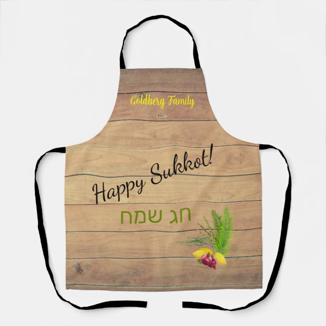 Delantal Feliz Sukkot Etrog Lulav Rustic Wood Apron (Anverso)