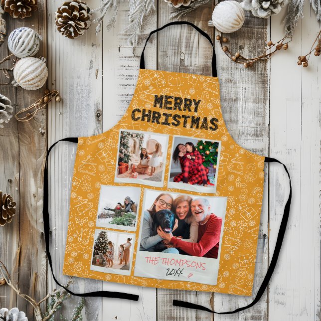 Delantal Ferry Christmas Yellow Doodles 5 Photo Family Gift (Subido por el creador)