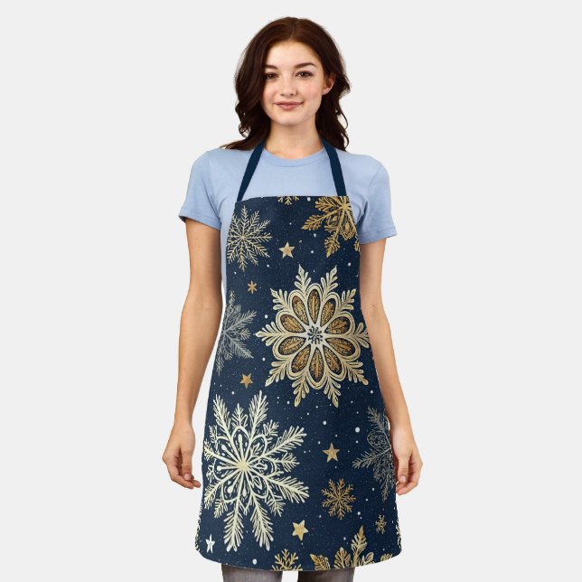 Delantal Festive Navy Blue & Gold Snowflake Pattern  (Gastado)