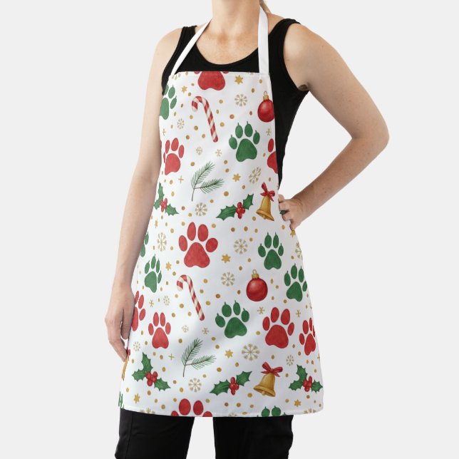 Delantal Festive Pet Paw Print Christmas Apron: Red & Green (in situ)