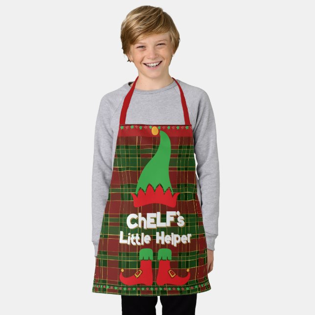 Delantal Festividad Chef Elf Little Helper Red Green Tartán (Gastado)