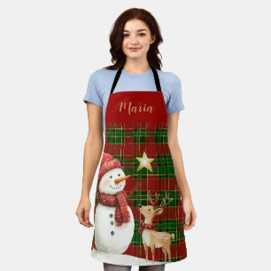 Delantal Festividad Clásica Red Green Gold Tartán Snowman