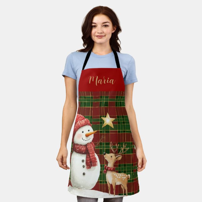 Delantal Festividad Clásica Red Green Gold Tartán Snowman (Gastado)