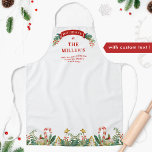 Delantal Festividad familiar personalizada Tratamiento de v<br><div class="desc">Magnífico delantal de vacaciones con todas las áreas de texto disponibles para su propia personalización! Diseño único con área para tu nombre/apellido y mensaje en la parte superior adornado con banner con helio y mistletoe. Zona baja con exquisito borde festivo con árboles navideños galletas, vegetación, enrejados, estrellas y caramelos. Un...</div>