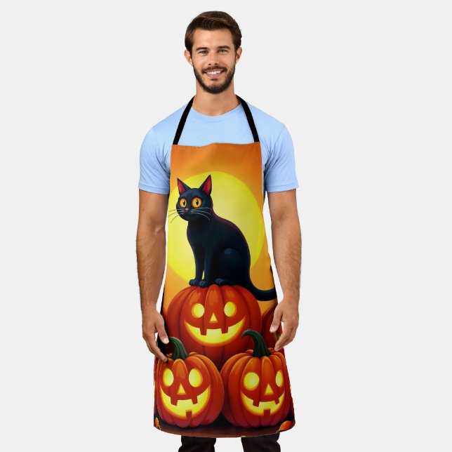 Delantal Festividades de Halloween con gatos y luna llena (Gastado)