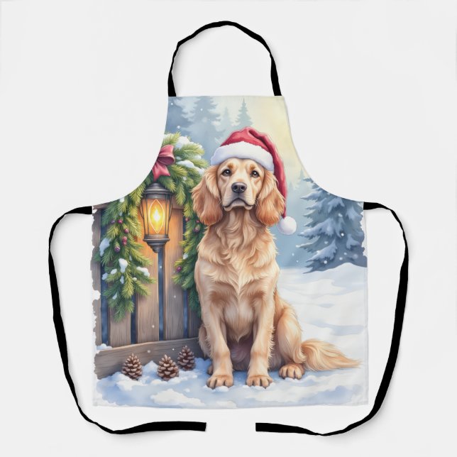 Delantal Field Spaniel Snowy Fence Santa Hat Christmas Art (Anverso)
