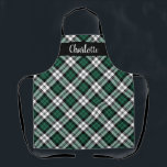 Delantal Fiesta personalizada de Green Black Watch<br><div class="desc">El apron festivo estacional presenta un patrón clásico de cacería escocesa de platillos escoceses de color verde, blanco y negro con un texto moderno de escritura blanca monograma que se puede personalizar con un nombre. Ya sea que esté cocinando Navidades para cenar, cocinando galletas de vacaciones o haciendo platos, se...</div>