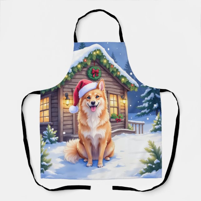 Delantal Finnish Spitz Snowy Cabin Santa Hat Christmas Art (Anverso)