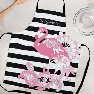 Delantal Flamenco Rosa Caprichoso con Rayas Blancas y Negra
