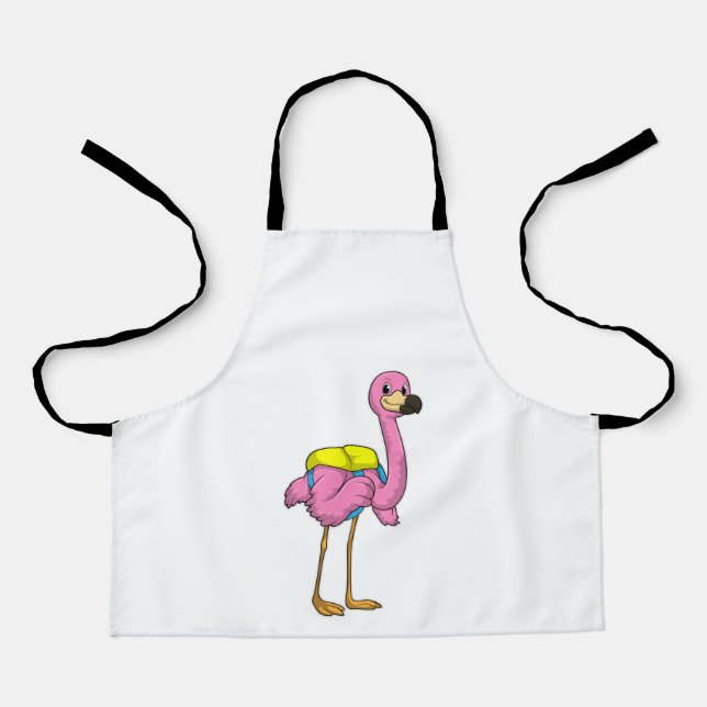 Delantal Flamingo como alumno con bolso escolar (Anverso)