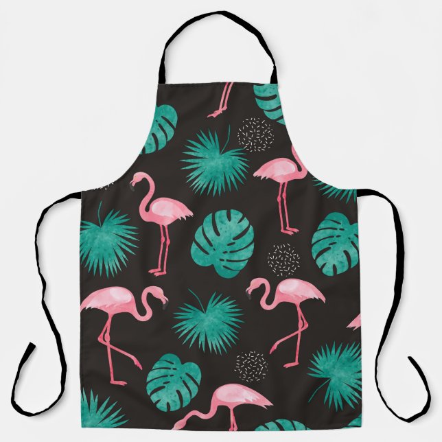 Delantal Flamingo, hojas de palma: acuarela tropical. (Anverso)