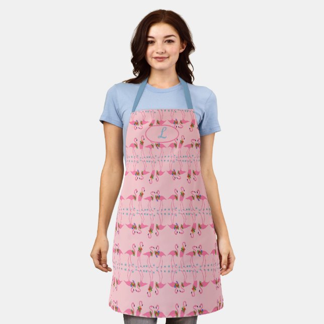 Delantal Flamingo Personalizado Apron Tropical Rosa Inicial (Gastado)