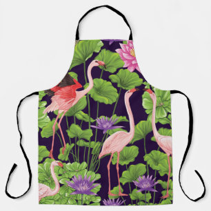 Delantal Flamingo, plantas tropicales, fondo negro.