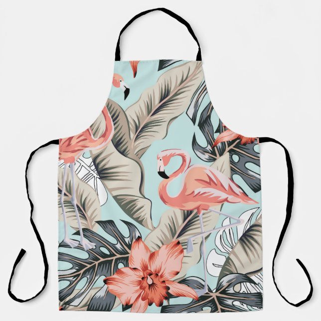 Delantal Flamingo rosa tropical con flores de orquídea y pu (Anverso)