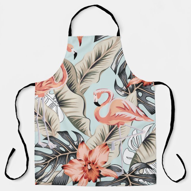 Delantal Flamingo tropical, orquídea, patrón de monstera. (Anverso)