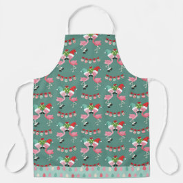 DELANTAL FLAMINGOS DE NAVIDADES VERDES Y ROSAS CON ORNAMENT